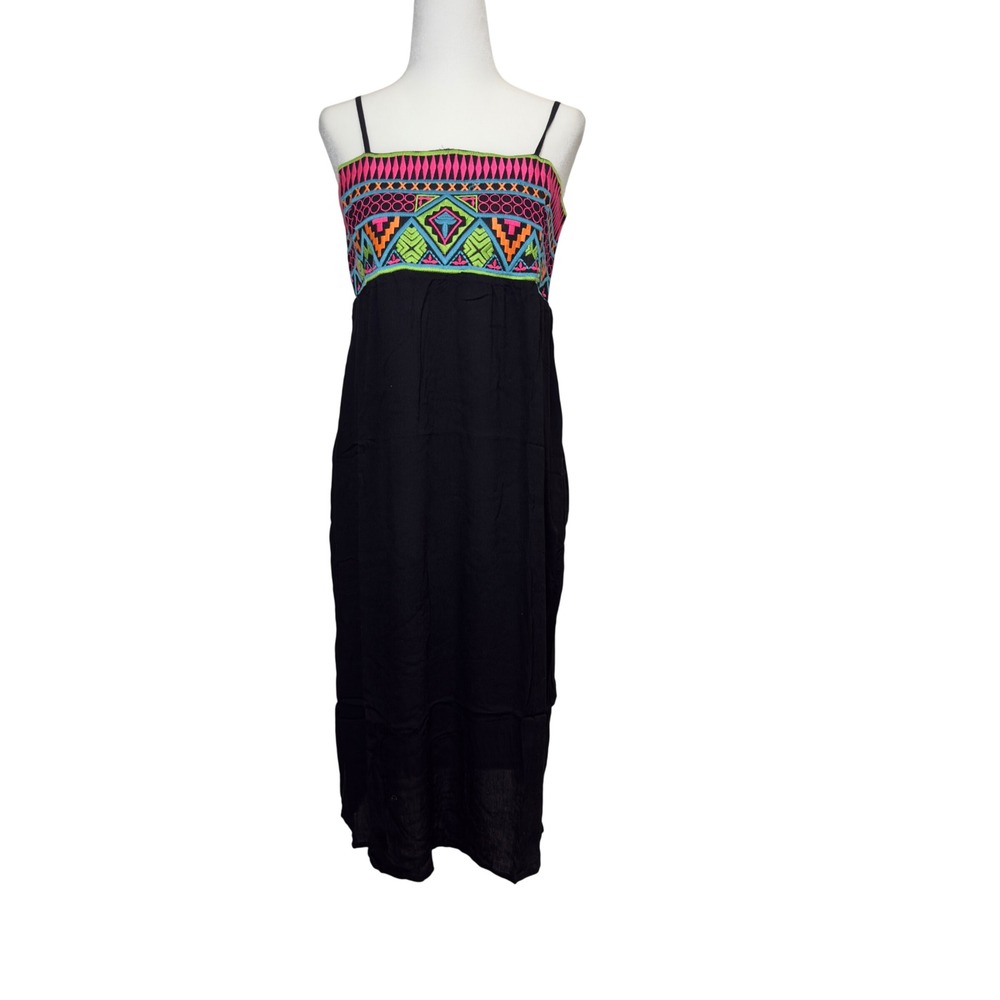 Shoreline Black Cotton Embroidered Beach Coverup Dress Neon Boho S/M NWT